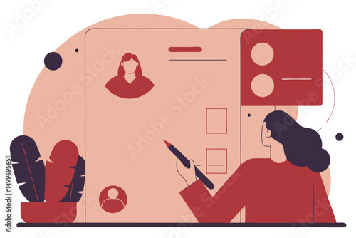 Woman reviewing user profiles and interface