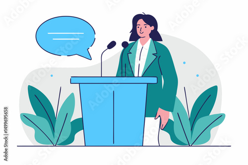 Woman speaking at podium with speech bubble