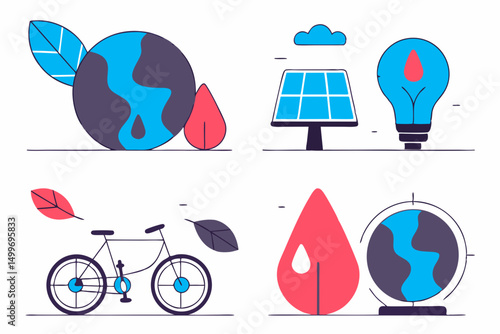 Eco-friendly icons including planet, bulb, and bicycle