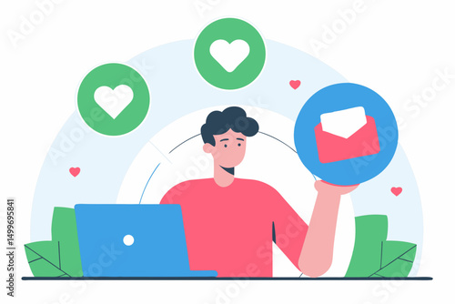 Man sitting with laptop surrounded by likes and emails