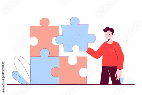 Man assembling colorful puzzle blocks