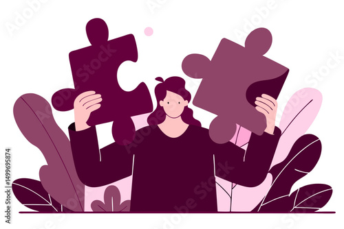 Woman holding two puzzle pieces in both hands