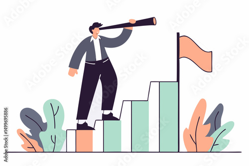 Man on bar chart looking ahead with telescope
