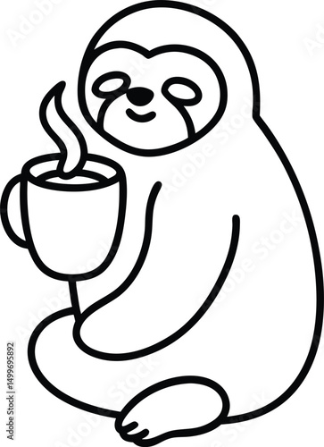 Adorable sloth sipping coffee relaxing with morning brew cartoon illustration black and white