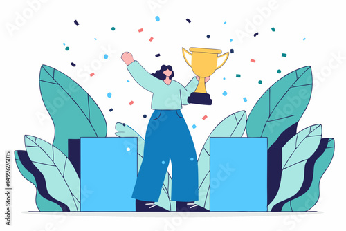 Man raising trophy in confetti celebration