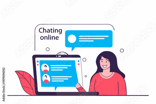 Woman chatting online using laptop and messages