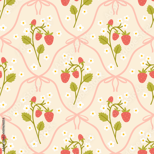 Floral seamless pattern with a cute blooming strawberry branch and flirty bows tied with net ribbons on a soft pastel background. for kids clothing, textiles, nursery, stationery, scrapbooking