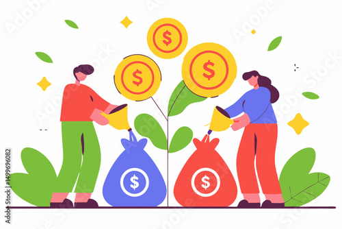 People growing money plant with bags