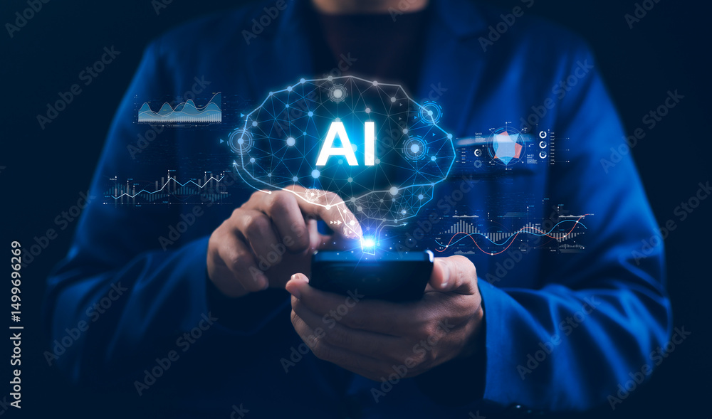 Man using hand AI, Artificial Intelligence to generate content. Text to image, speech, smart AI, by enter command prompt for generates something, Futuristic technology