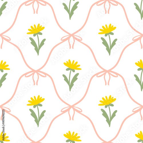 Floral seamless pattern with cute summer meadow flowers and flirty bows tied with net ribbons on a soft pastel background. Perfect for kids clothing, textiles, nursery, stationery, scrapbooking