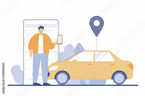 Man with smartphone and car using location pin
