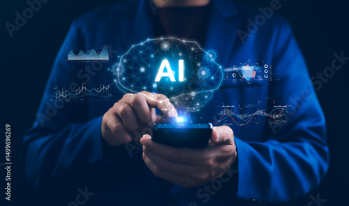 Obraz na płótnie Man using hand AI, Artificial Intelligence to generate content. Text to image, speech, smart AI, by enter command prompt for generates something, Futuristic technology w salonie