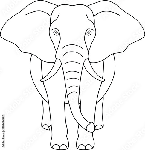 Isolated line art depicts a majestic elephant standing with prominent tusks and large ears