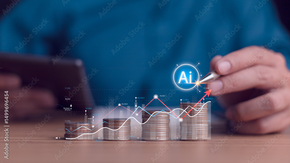 A hand holding a pen pointing at a stack of coins, representing financial decision-making and fintech concept. Suitable for topics like smart investing, digital finance, and business technology.