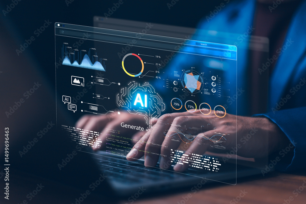 Man using hand AI, Artificial Intelligence to generate content. Text to image, speech, smart AI, by enter command prompt for generates something, Futuristic technology