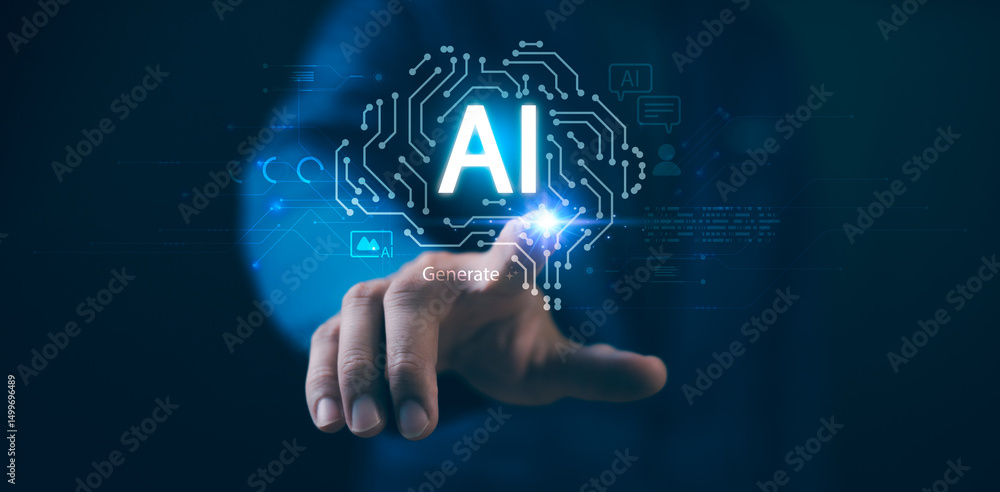 Man using hand AI, Artificial Intelligence to generate content. Text to image, speech, smart AI, by enter command prompt for generates something, Futuristic technology