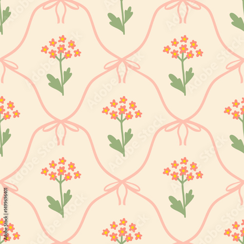 Floral seamless pattern with cute summer meadow flowers and flirty bows tied with net ribbons on a soft pastel background. Perfect for kids clothing, textiles, nursery, stationery, scrapbooking