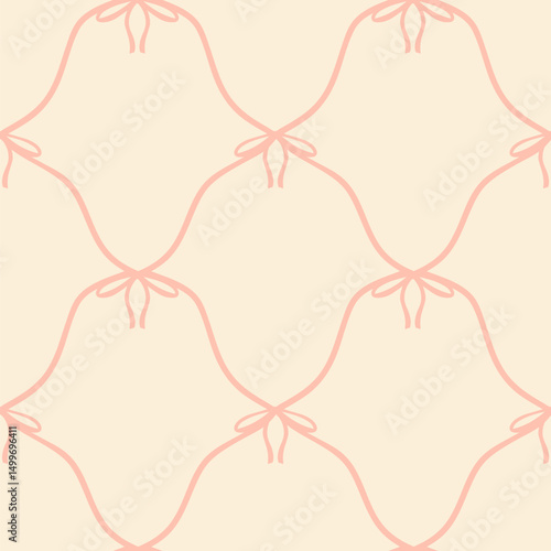 Flirty bows knitted in a mesh of diamonds. Vector seamless pattern. Preppy cute cartoon hand drawn illustration. Ideal textile printing, baby clothes, wallpaper, scrapbooking