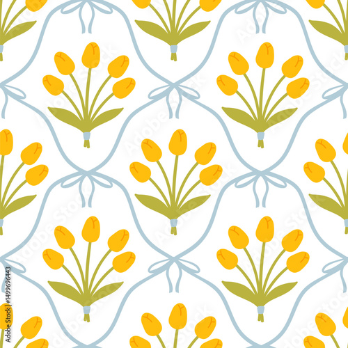 Floral seamless pattern with cute bouquets of tulips and flirty bows tied with net ribbons on a soft pastel background. Perfect for kids clothing, textiles, nursery, stationery, scrapbooking.