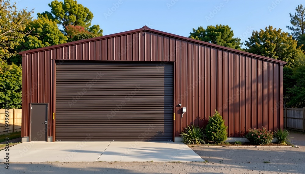 steel mercial garage building with a straight wall, subject parked on the right side, leaving ample copy space on the left for text. steel mercial garage building with a straight wall, subject parked on the right side, leaving ample copy space on the left for text.