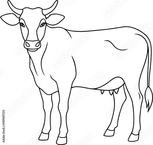 Line drawing depicts a serene cow standing gracefully