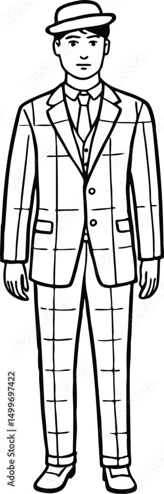 Line drawing shows a man wearing a hat and a plaid suit confidently Line drawing shows a man wearing a hat and a plaid suit confidently