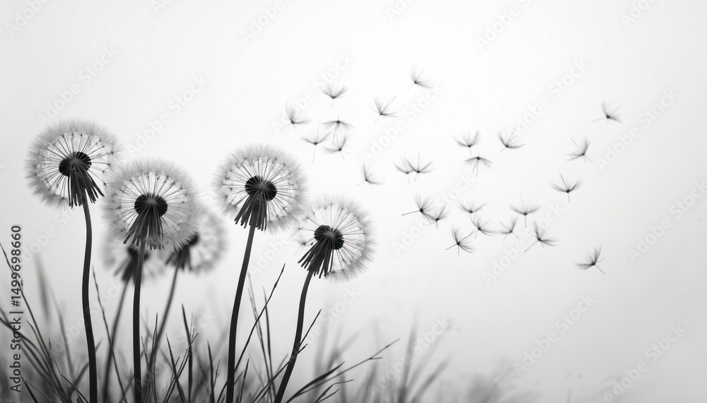 custom made wallpaper toronto digitalBlack, white illustration of dandelions. Seeds blown by wind. Group of plants, freedom, movement, growth, summer, concept of nature, botany. Abstract minimalistic picture for calm design, print, card.