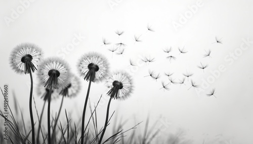 Wallpaper Mural Black, white illustration of dandelions. Seeds blown by wind. Group of plants, freedom, movement, growth, summer, concept of nature, botany. Abstract minimalistic picture for calm design, print, card. Torontodigital.ca