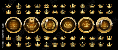 Luxury Gold Badges and Ribbons Vector Illustration.Gold Crown Icon Illustration Set.