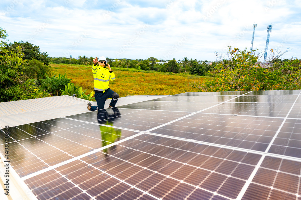 Fototapeta premium close up on grid of technology renewable solar energy. construction solar panels system on roof. Installing solar photovoltaic panel system. background of blue of solar cell system and structure roof.