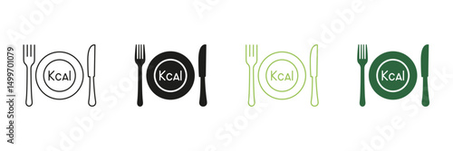 Calorie Count Line and Silhouette Icon Set With Plate, Fork, Knife. Healthy Dining And Nutrition Icon. Healthy Eating And Diet. Editable Stroke. Isolated Vector Illustration