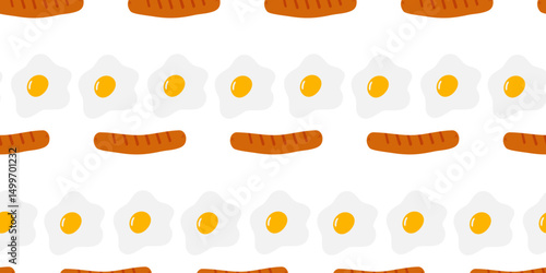 Fried eggs an grilled sausage made smile face Seamless Pattern Breakfast Motivation Background idea