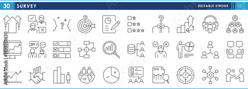 A set of line icons related to Survey. Survey, data, research, people, feedback, interview, and so on. Vector editable stroke.