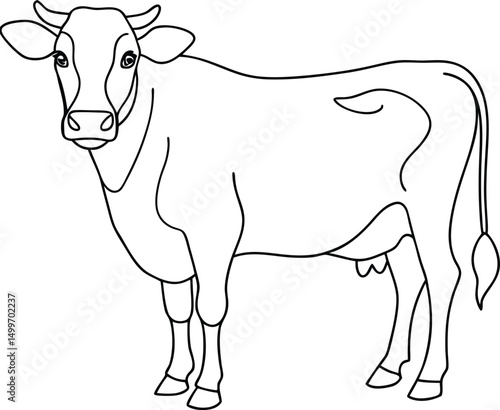 Simple outline drawing shows a standing cow with horns and an attached tail