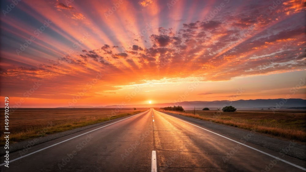 Naklejka premium A long, empty road stretches into the horizon under a vibrant, colorful sunrise with dramatic clouds and golden light.