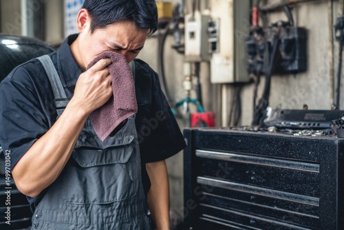 Korean Automotive Mechanic Wipes Sweat After Long Day of Car Repairs in Auto Mechanic Industry Workshop Garage