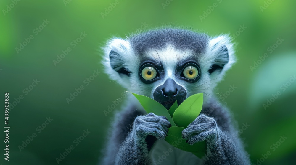 Fototapeta premium Adorable Ring tailed Lemur eating green leaves in lush forest. Wildlife, nature, conservation concept.