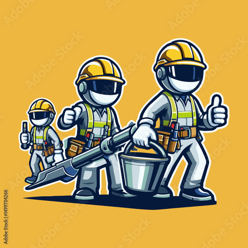 Flat construction mascot design cartoon character in safety gear and helmet confident builder holding wrench for branding contractor service business illustration