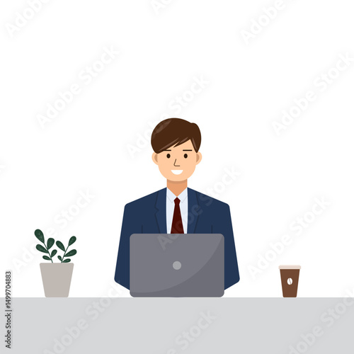 Business man working on laptop.Young man in suit, office worker with computer, coffee and plant pot on desk at the workplace.Vector graphic illustration cartoon.