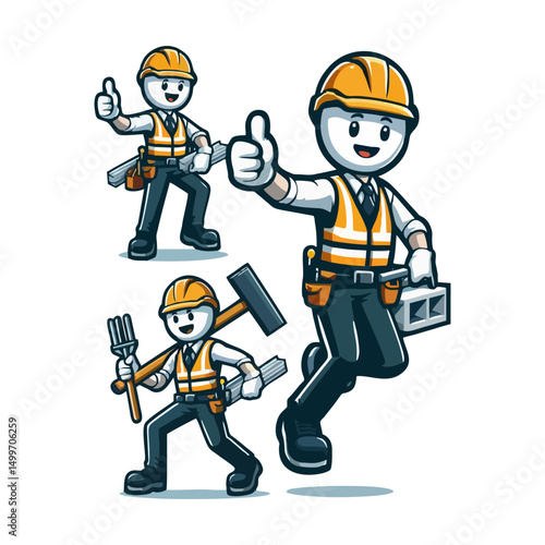 Cartoon mascot character of construction worker holding tool box in uniform wearing helmet and smiling pose flat vector design for builder service marketing campaign branding