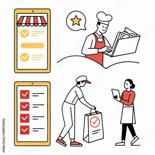 Online food ordering process illustration, clean cutout, transparent background