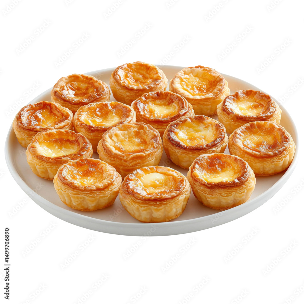 Delicious egg tarts arranged on white plate, showcasing golden brown pastry and creamy filling. Perfect for dessert or sweet snack Delicious egg tarts arranged on white plate, showcasing golden brown pastry and creamy filling. Perfect for dessert or sweet snack