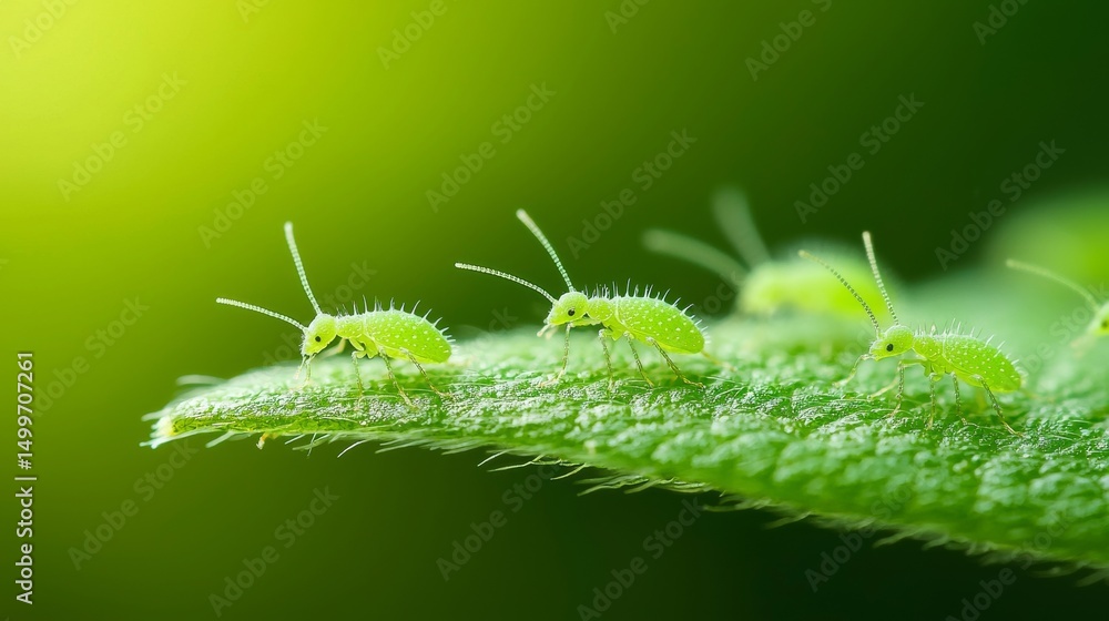 Naklejka premium Macro photography of green aphids on a vibrant green leaf. Illustrates nature, insects, and environmental themes.