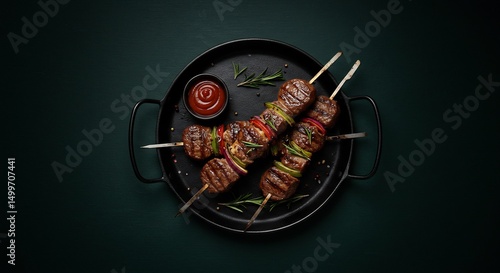 Grilled Beef Kebabs with Peppers on Dark Green Background