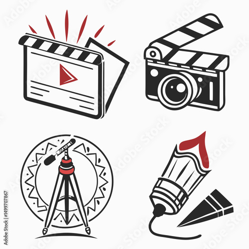 Filmmaking equipment icons clapperboard camera tripod pencil