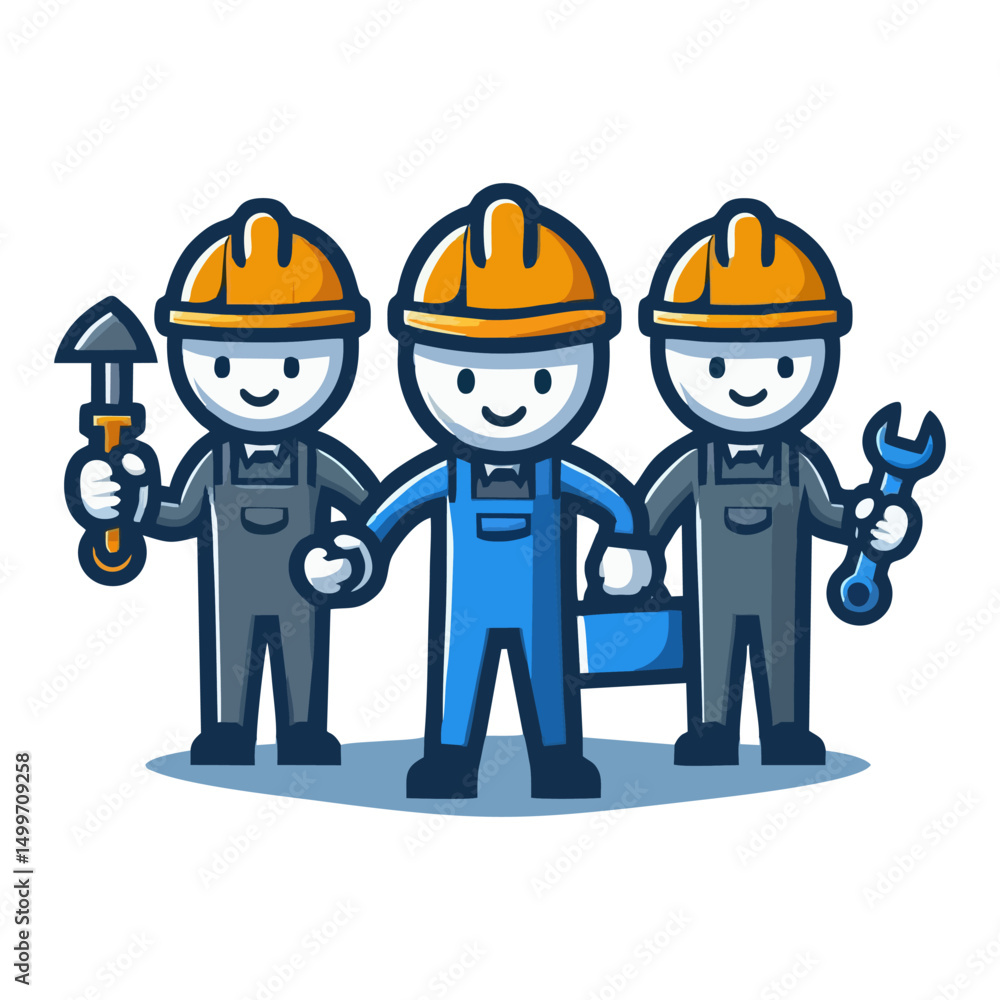Cute cartoon construction worker mascot wearing safety helmet vest and gloves with friendly expression pose vector character design for contractor team branding and advertising Cute cartoon construction worker mascot wearing safety helmet vest and gloves with friendly expression pose vector character design for contractor team branding and advertising