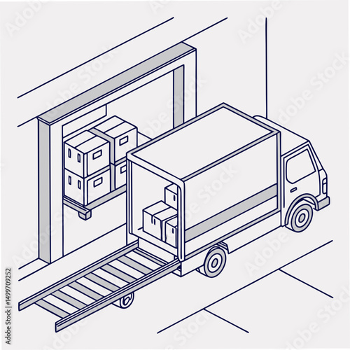 Delivery truck loading boxes warehouse isometric illustration transparent background