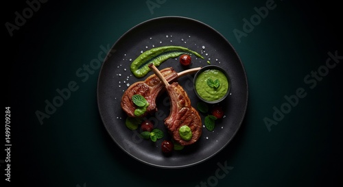 Grilled Lamb Chops with Green Herb Sauce on Dark Background