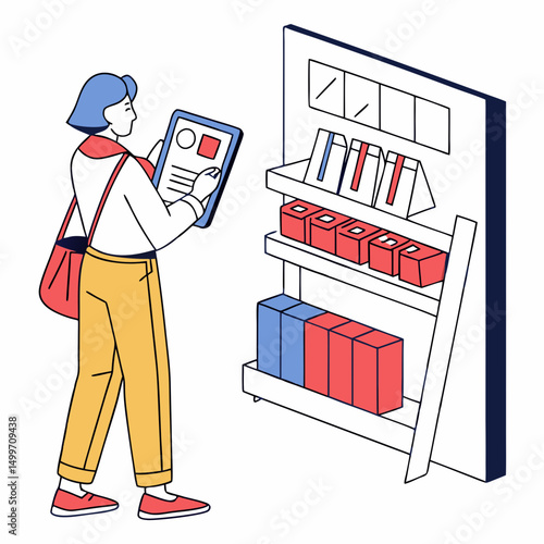 Woman using tablet to check inventory in store aisle