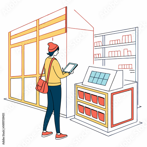 Young woman using tablet at self checkout kiosk modern store